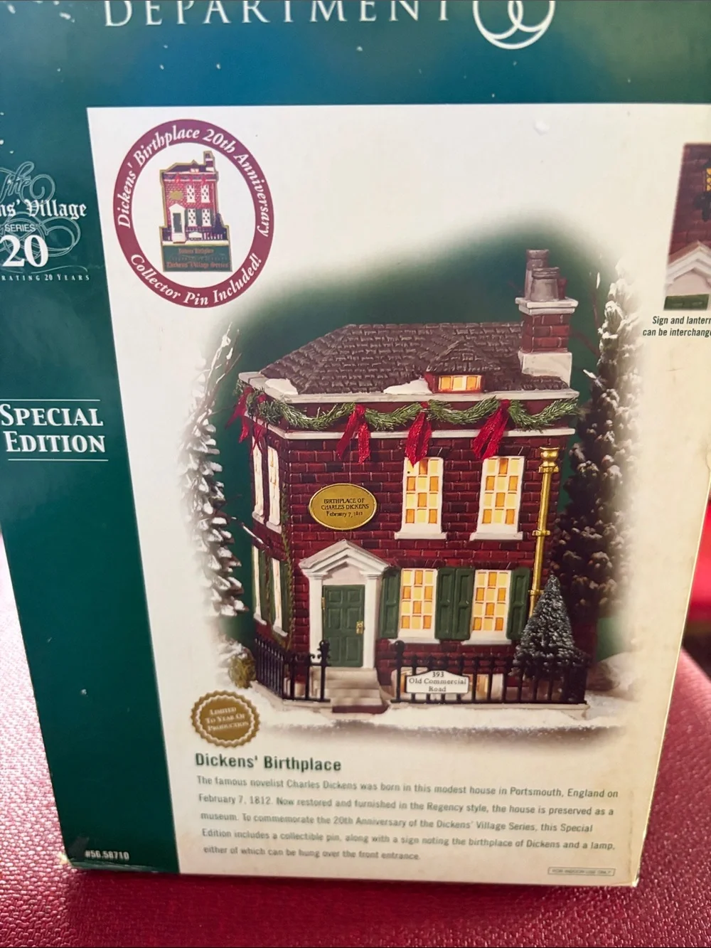 Department 56 Dickens' Birthplace Holiday House - Red Brick with Green Trim.